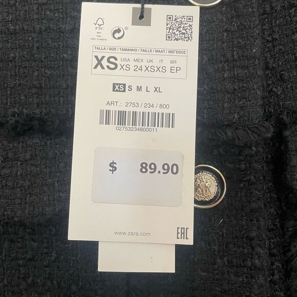 NWT Zara Structured Tweed Wool Blend Blazer Black Gold Buttons Size XS - Picture 6 of 10
